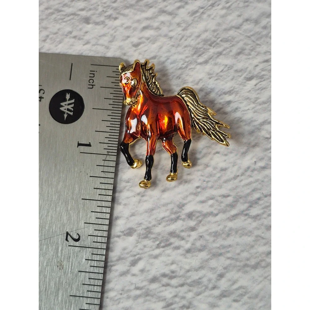 Vintage Enamel Horse Brooch Amber Gold Tone Equestrian Pin Accessory Glossy